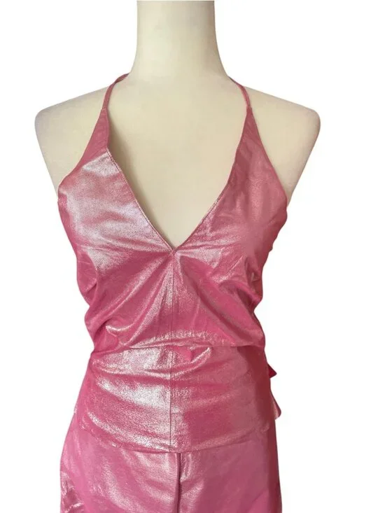 Rare Vintage Y2K Express Hot Pink 100% Leather Halter Top Skirt Set Sz XS Fest - Picture 5 of 16